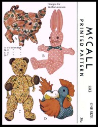 893 MCCALLS 1941 PIG, BUNNY, BEAR, HEN, CHICK, STUFFED ANIMAL PATTERN UNCUT